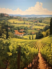 Sunlit Tuscan Vineyards: Rolling Valleys, Grapevines Await in a Serene Landscape