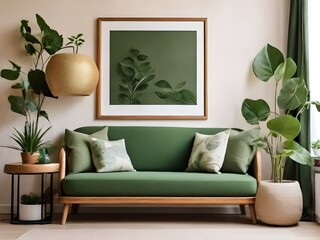 Warm cozy spring living room interior composition with mock up poster frame, wooden sideboard, white sofa, green stand, base with leaves, plants and stylish lamp, home decor. Generative AI