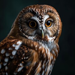 Front view macro Boreal Owl on the dark background AI Generative