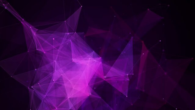 Blue purple polygonal plexus background. Abstract futuristic 3d loop animation lines and points. Glow particle motion.