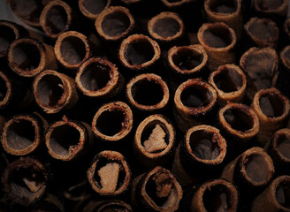 selective focus, the dark background of the chocolate wafer stick arrangement.