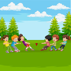 Obraz na płótnie Canvas Cartoon group of children playing tug of war in the park