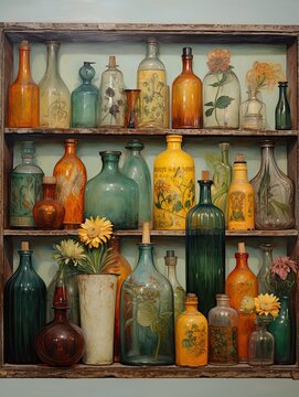 Vintage Apothecary Bottles: Retro Glass Bottle Artistry in Charming Vintage Painting Style