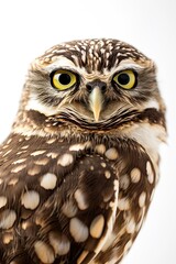 Naklejka premium Portrait macro Burrowing Owl on the white background AI Generative