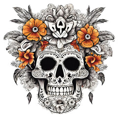 Black and White Decorated Skull with Orange Flowers 