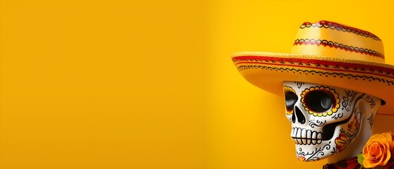 Mexican sugar skull with hat on yellow background with copyspace