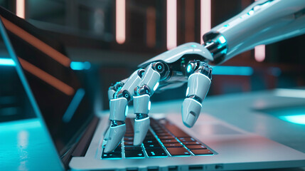 Robot hand pointing to laptop keyboard.