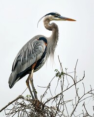 the Great Blue Heron standing on branch isolated on white AI Generative