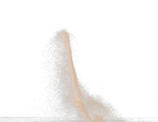 Natural Sand flying explosion, particle dot grain wave explode. Abstract cloud fly. Brown colored sand splash throwing in Air. Black background Isolated