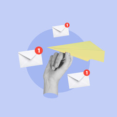 Hand with paper plane, receiving messages, mail, online, sending messages, Email, Three...