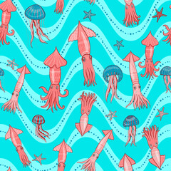 Squid, jellyfish on the background of waves. Coral and soft turquoise shades for summer ideas. Seamless vector pattern.