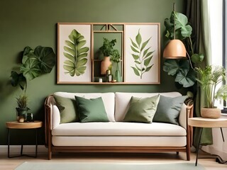 Warm cozy spring living room interior composition with mock up poster frame, wooden sideboard, white sofa, green stand, base with leaves, plants and stylish lamp, home decor. Generative AI
