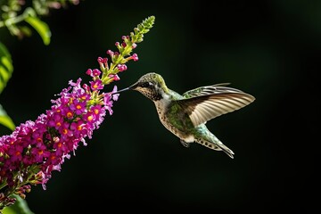 The Hummingbird flying and finding and Butterfly Bush flower AI Generative