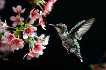 The Hummingbird flying and finding cherry blossom nectar flower AI Generative
