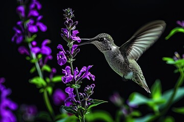 Fototapeta premium Beautiful Hummingbird flying finding Salvia nectar flowers isolated on black background AI Generative