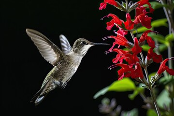 Fototapeta premium The Hummingbird flying finding Salvia nectar flowers isolated on black background AI Generative
