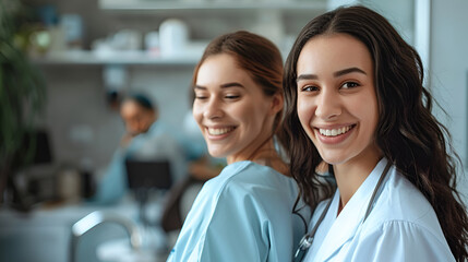 Photo of two young happy women in medical suits, are in a medical clinic.