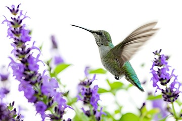 Fototapeta premium The Hummingbird flying finding Salvia nectar flowers isolated on white AI Generative