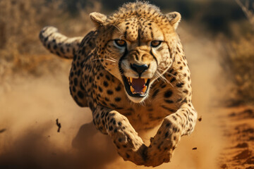 A sprinting cheetah in pursuit of prey, showcasing the unmatched speed and agility of the world's fastest land animal. Concept of predatory speed. Generative Ai.