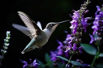 The Hummingbird finding Salvia nectar flowers on he black background AI Generative