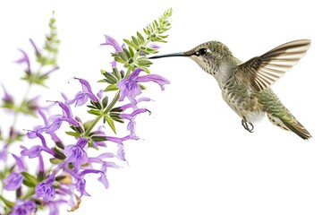 Fototapeta premium The Hummingbird flying finding Salvia nectar flowers isolated on white AI Generative