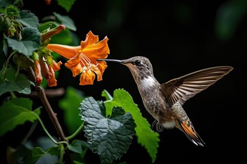Fototapeta premium Hummingbirds fly finding flower nectar on the black background AI Generative