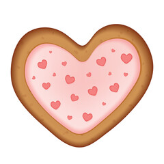 Yummy heart shaped cookie decorated with little pink hearts. Happy Valentine's Day sweets. Vector illustration