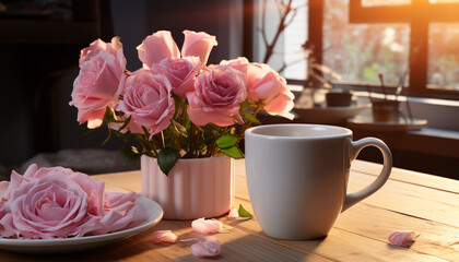 Fresh flower bouquet in a pink vase on wooden table generated by AI