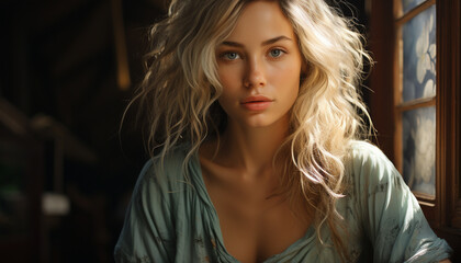 Fototapeta premium Beautiful young woman with long blond hair looking at camera generated by AI