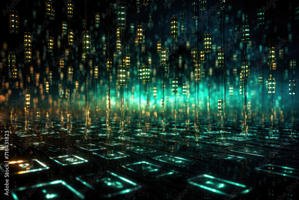 Poster abstract depiction of binary code raining down like digital confetti, representing the pervasive pre