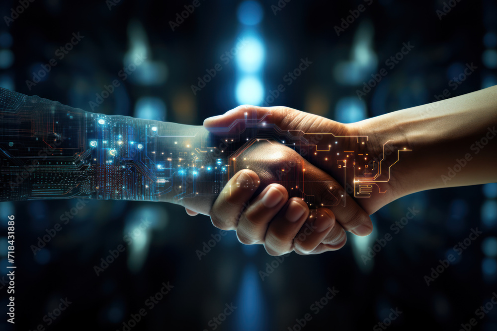 Aufkleber pixelated hands reaching out from screens to shake in a virtual handshake, symbolizing online collab