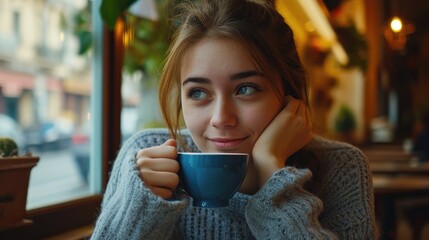 photo of a young woman sitting in an italian cafe and holding dark blue cup of coffee ,