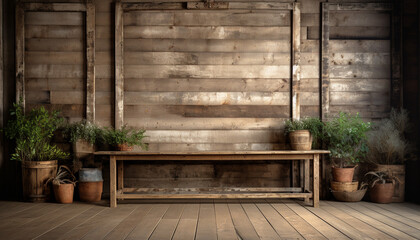 Rustic wooden table with potted plant on shelf generated by AI