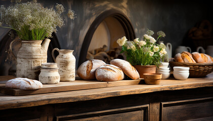 Rustic table, fresh bread, homemade meal, organic ingredients generated by AI