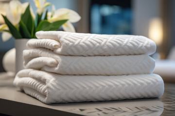 Obraz na płótnie Canvas Immaculately folded towels arranged in a geometric pattern on a hotel bed, showcasing the meticulous attention to detail in room preparation. Concept of pristine hospitality. Generative Ai.