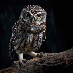Portrait Little Owl standing on the wood branch AI Generative