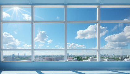 Bright blue sky frames modern cityscape through glass window generated by AI