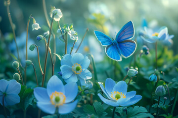 Beautiful spring background with blue butterfly in flight and flowers anemones in forest on nature. Delicate elegant dreamy airy artistic image harmony of nature. 