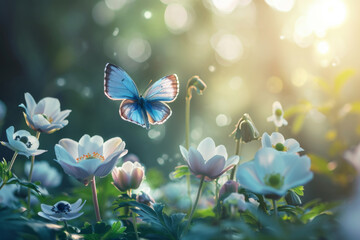 Fototapeta na wymiar Beautiful spring background with blue butterfly in flight and flowers anemones in forest on nature. Delicate elegant dreamy airy artistic image harmony of nature. 