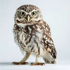 Fototapeta premium Portrait angry Little Owl standing on the white background AI Generative