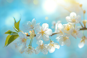 Branches of blossoming cherry macro with soft focus on gentle light blue sky background in sunlight with copy space. 