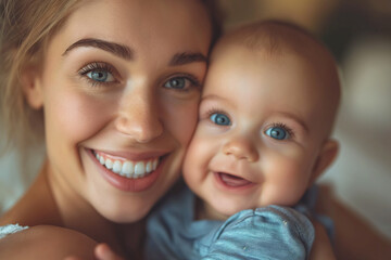 Mother and Her Baby in Arms, Close Portrait of a Woman's Love for Her Newborn Son, Beautiful Blue Eyes and Lovely Smiles, Mother's Day, Women's Day