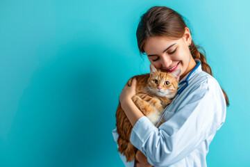 Obraz premium Feline Affection: A Smiling Female Veterinary Doctor Holds a Cat, Isolated on a Blue Background with Copy Space - A Portrait of Compassionate Care and Professionalism in Animal Health.