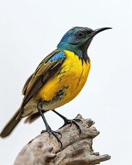 Fototapeta premium Portrait Olive-backed Sunbird standing on small root AI Generative