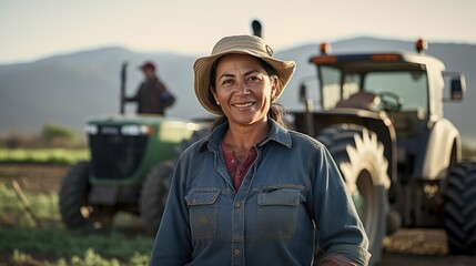 Mexican middle age female farmer standing next to the tractor