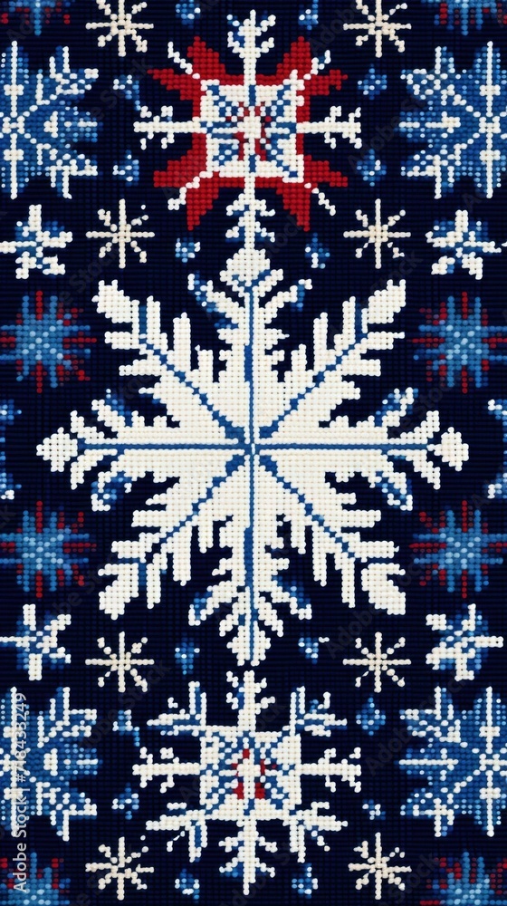 Poster a knitted pattern with snowflakes on a dark blue background. generative ai.