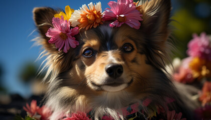 Fototapeta na wymiar Cute puppy sitting outdoors, surrounded by flowers, playful and fluffy generated by AI