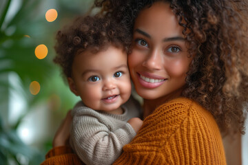 Obraz premium Afro-American Mother and Her Baby in Arms, Joy of a Woman and Her Newborn Son, Loving Hug Inside a Home Full of Love, Mother's Day, Women's Day