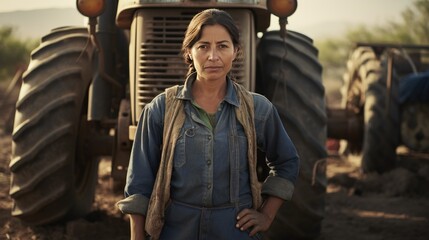 Fototapeta na wymiar Mexican middle age female farmer standing next to the tractor