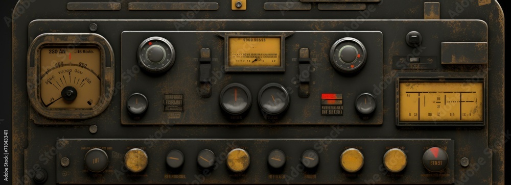 Poster a vintage control panel with many different knobs and buttons. generative ai.
